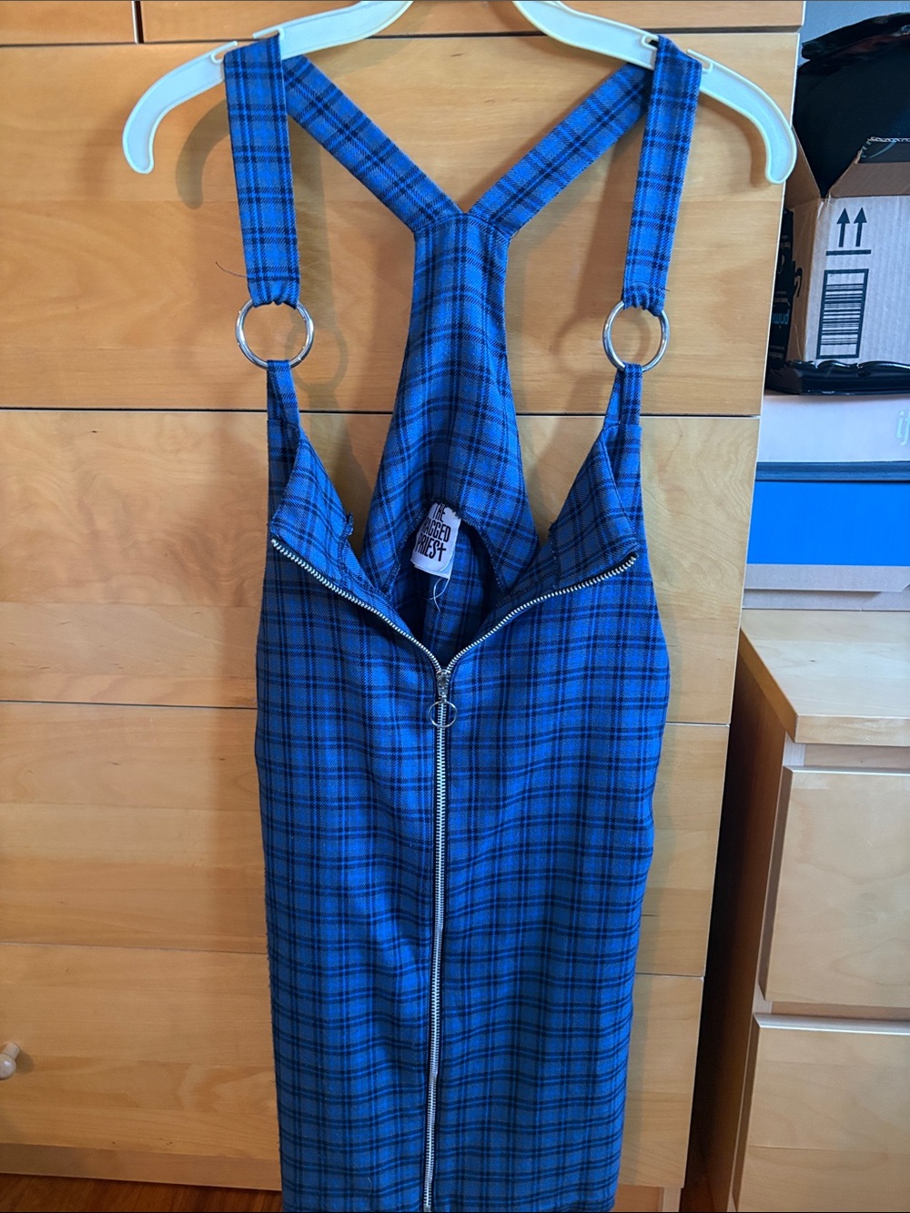 Ragged priest Blue Plaid Zip-Front Pinafore Mini Dress